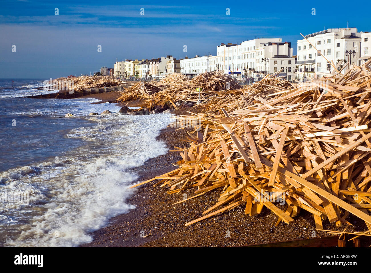 Wood debris several feet high on Worthing beach from the cargo ship Ice Prince. West Sussex England UK Jan 2008 Stock Photo