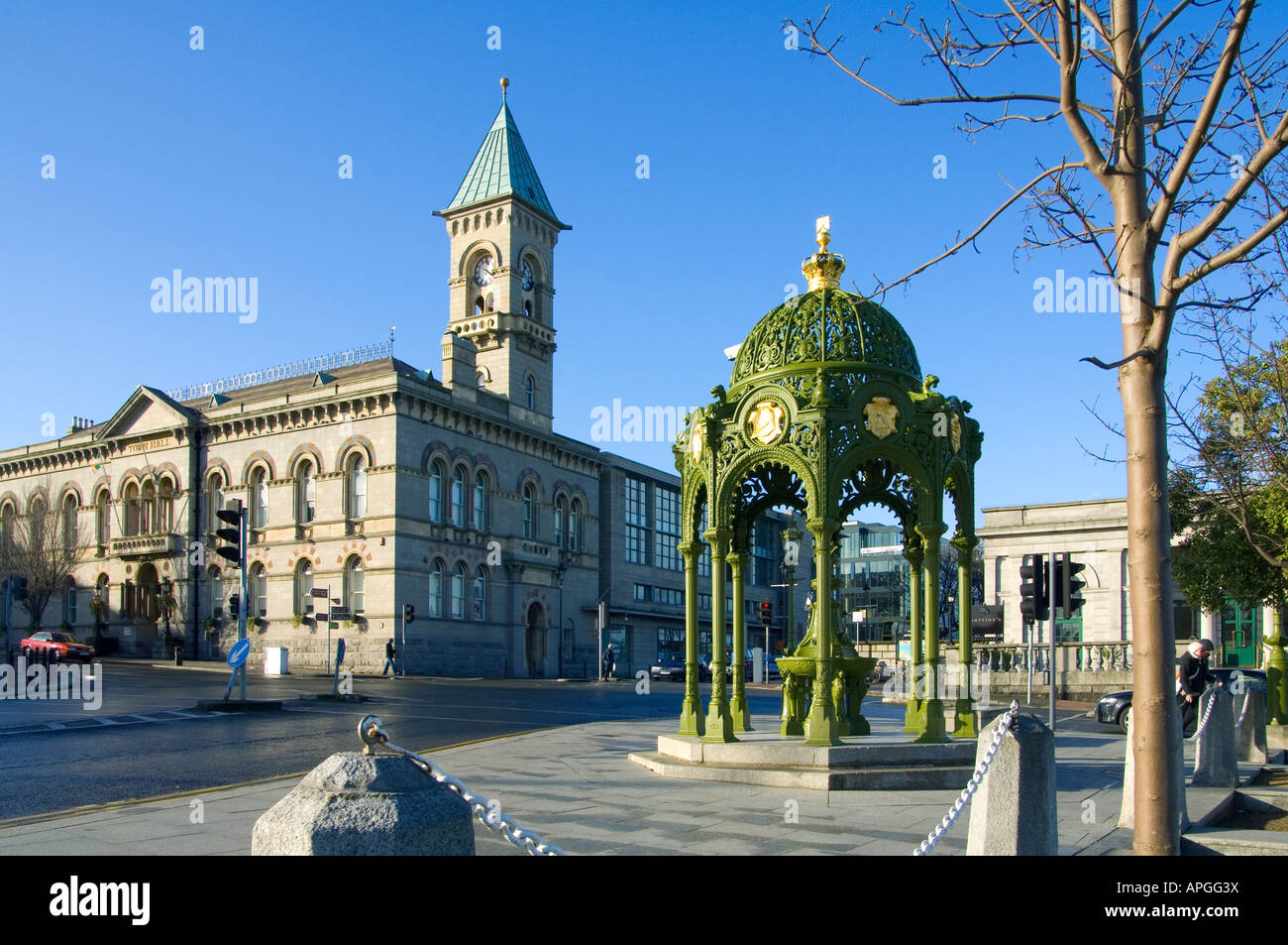 The Town Hall in Dun Laoghaire. Ireland, with the fountain