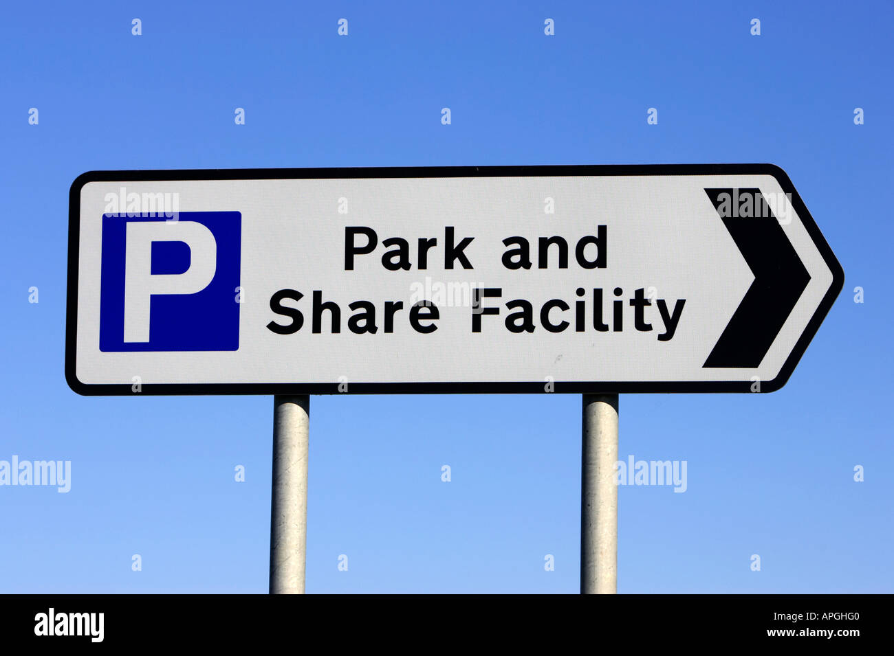white black and blue park and share facility road sign against blue sky toome county antrim northern ireland Stock Photo