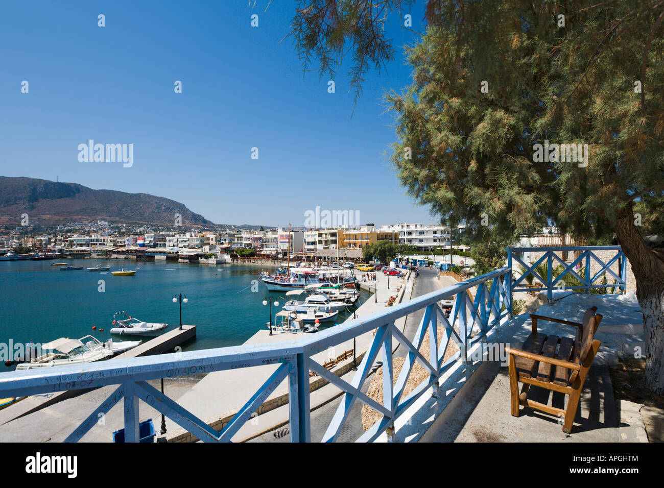 View over the resort and harbour, Hersonissos, North Coast, Crete, Greece Stock Photo