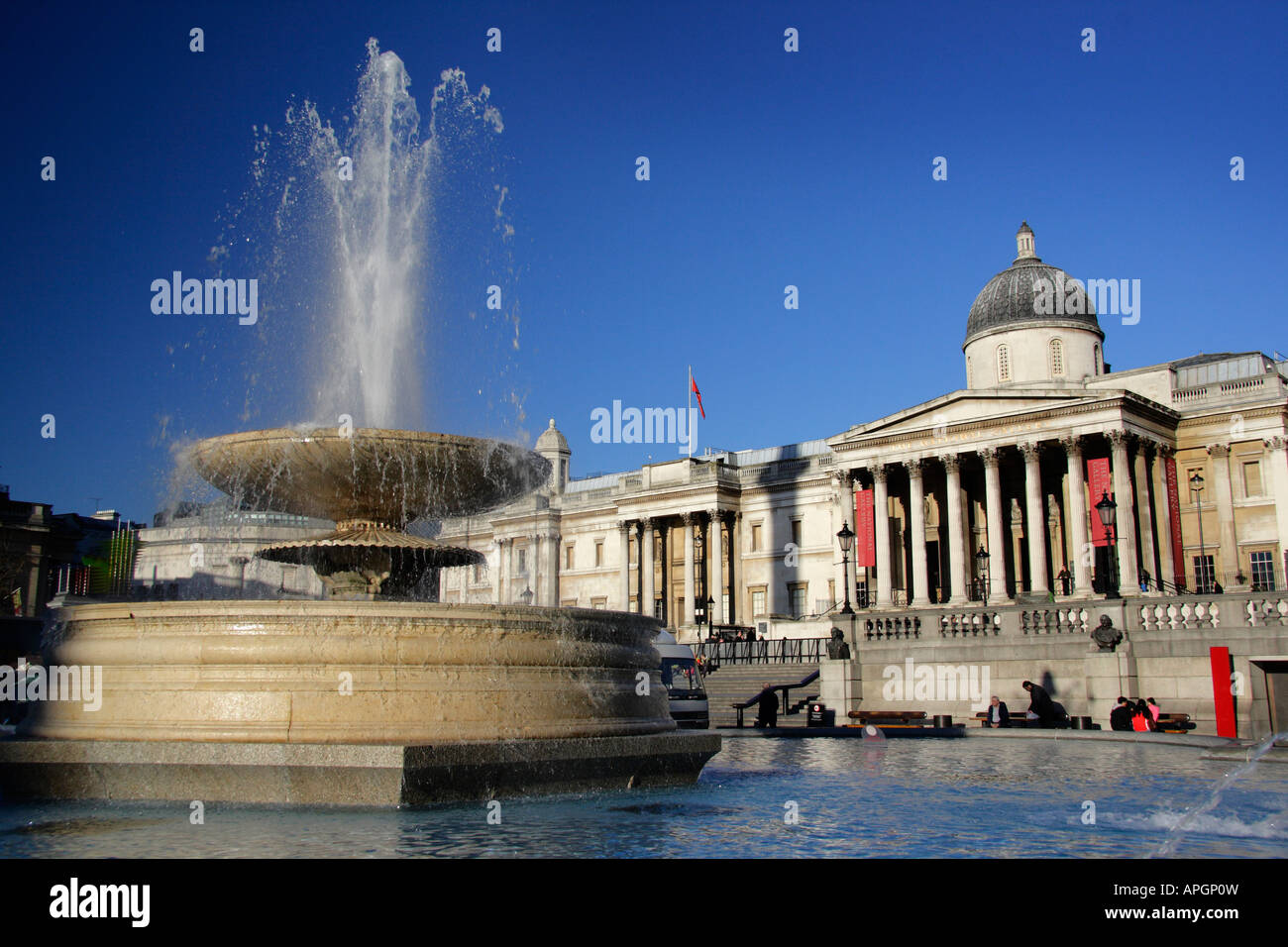 Fountain and National Gallery- Trafalgar Square London Stock Photo