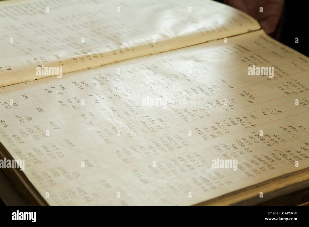 ILLINOIS Rockford Handwritten accounts in ledger book old fashioned bookkeeping method historic Midway Village Stock Photo