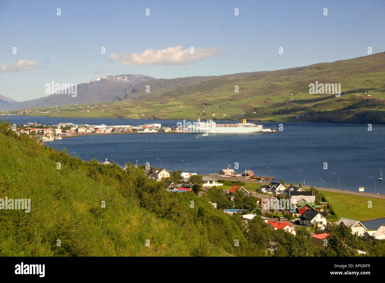 Cruise liner harboured on Eyjafjordur Akureyri Iceland Stock Photo