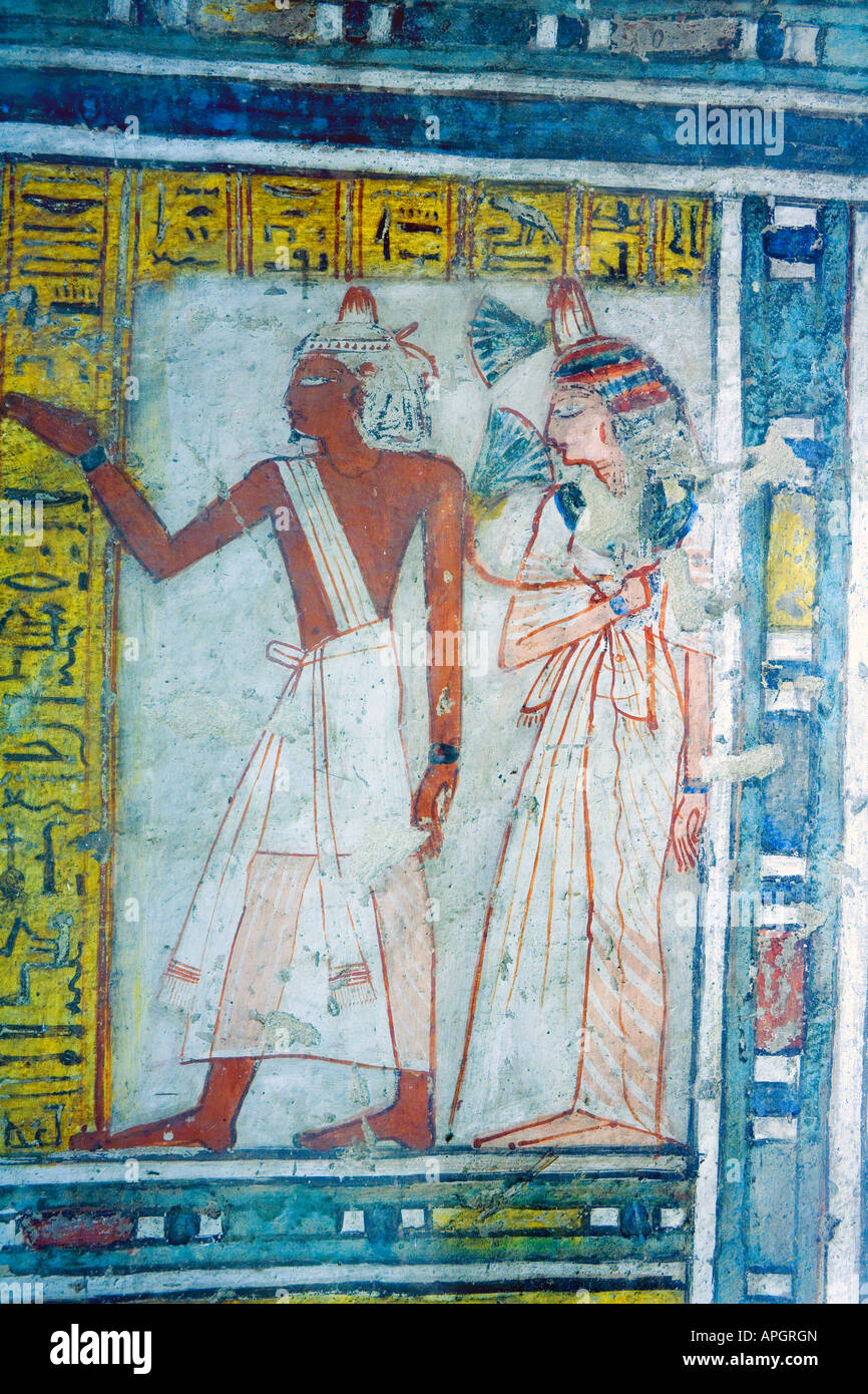 Original Painting on the wall of the interior of the tomb of Neferrenpet at the Tombs of the Nobles. West bank Luxor Egypt. Stock Photo