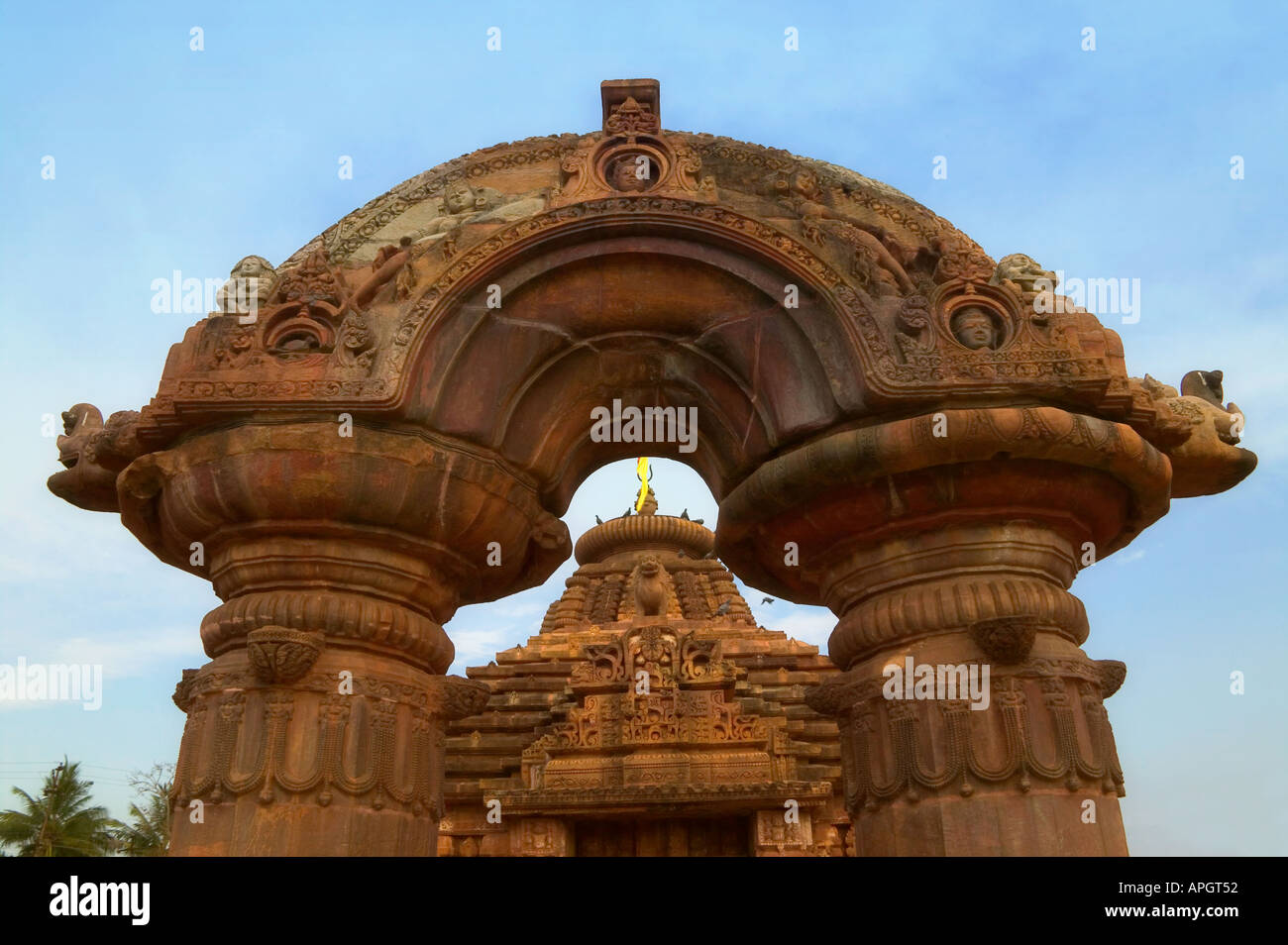 Mukteswar Mandir with ornate arched torana architrave with carving Bhubaneswar Orissa India Stock Photo
