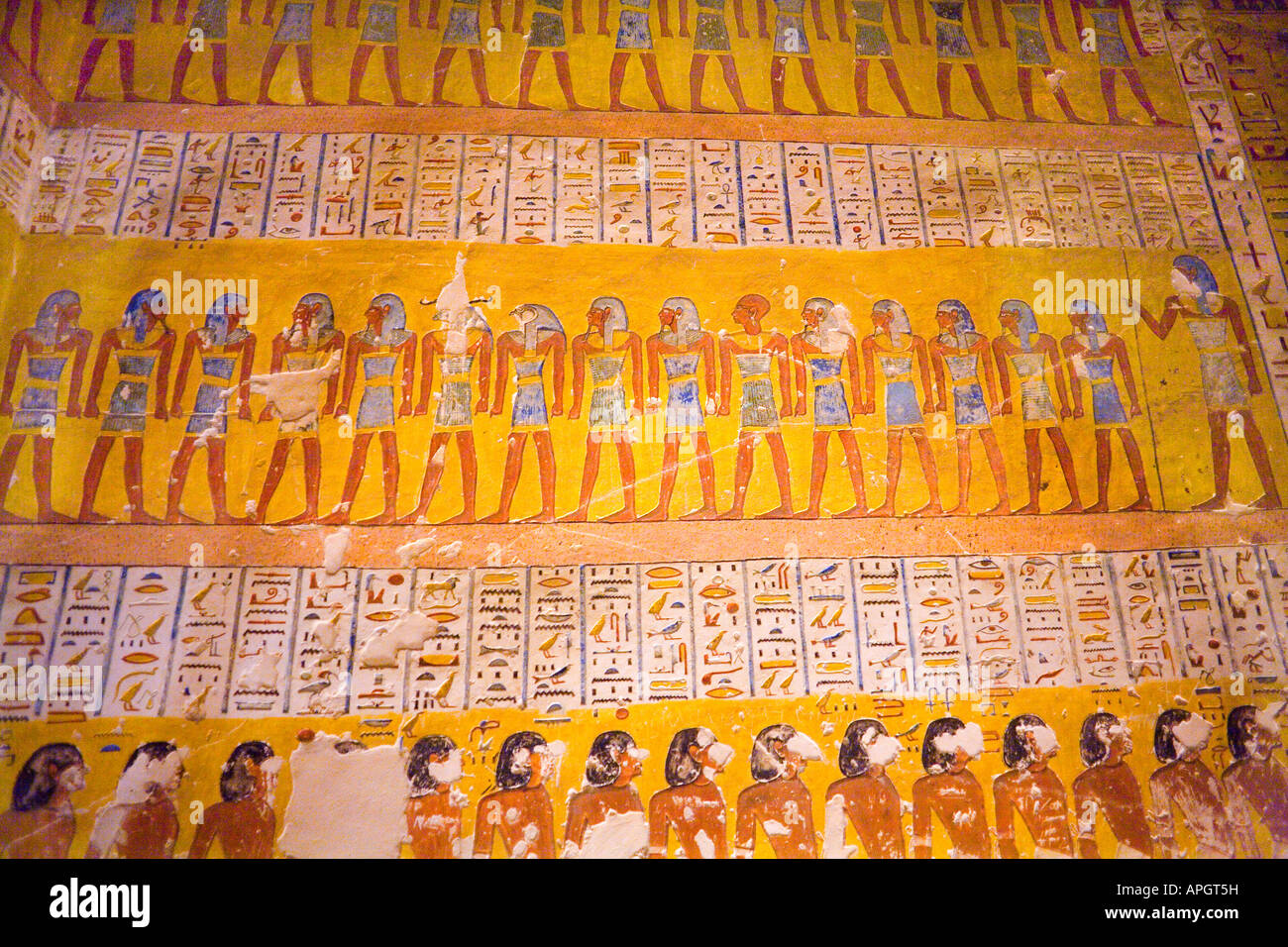 Original detailed wall paintings in the Tombs of the Valley of KIngs in Luxor Egypt Stock Photo