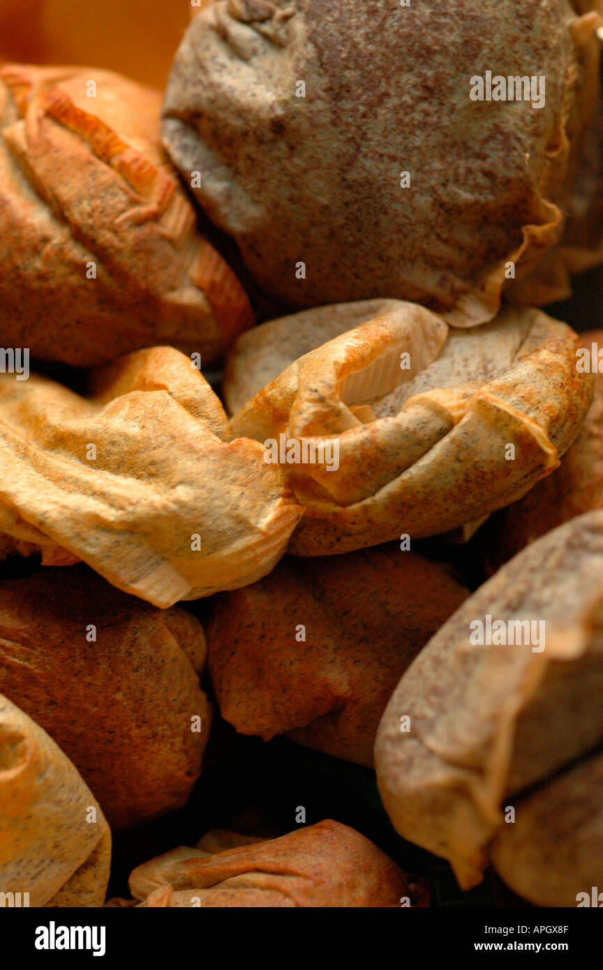 detail of pot and used tea bags Stock Photo Alamy