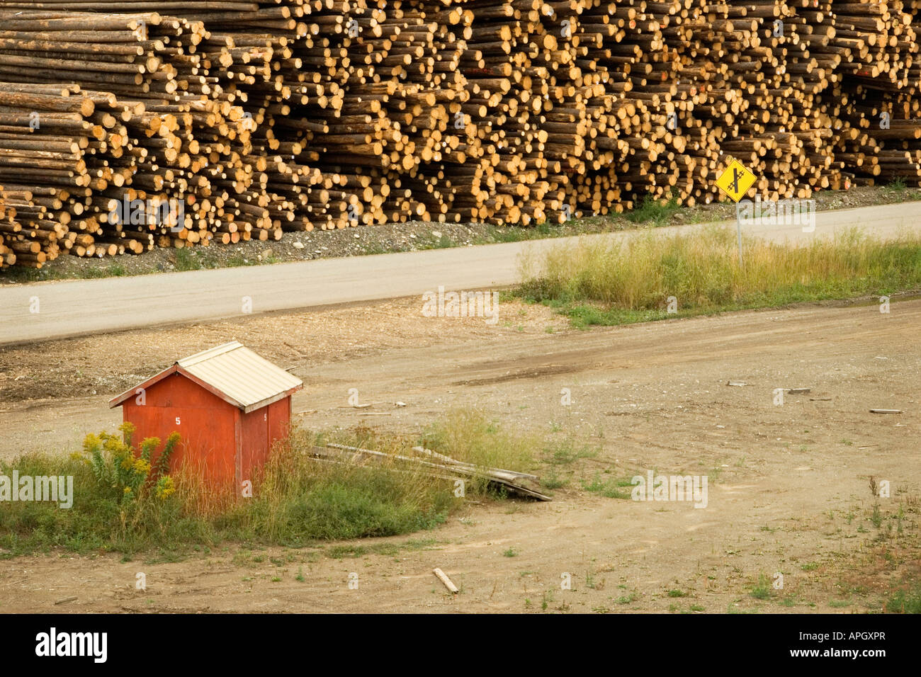 Stacks of logs at Two-Mile Flat industrial area, Quesnel, British Columbia, Canada Stock Photo