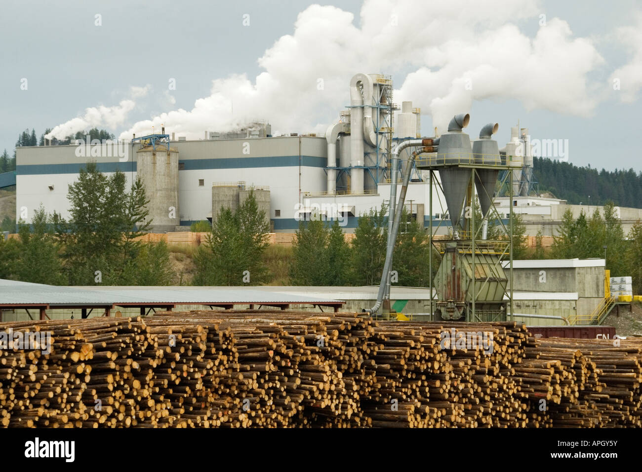 Wood processing plant at Two-Mile Flat, Quesnel, British Columbia, Canada Stock Photo