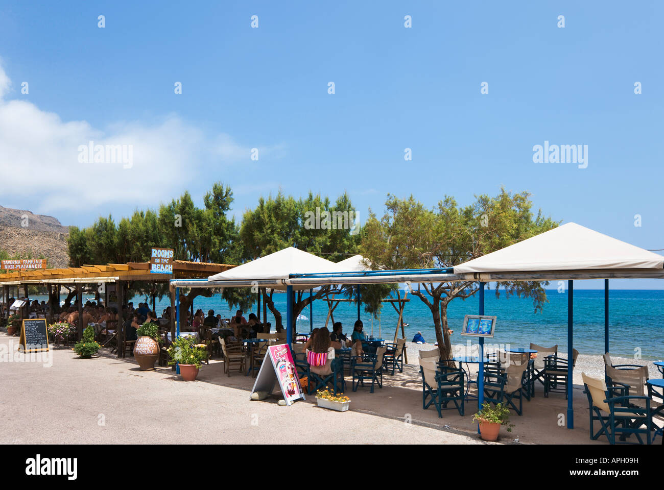 Traditional Beachfront Taverna, Kato Zakros, Lasithi Province, East Coast, Crete, Greece Stock Photo