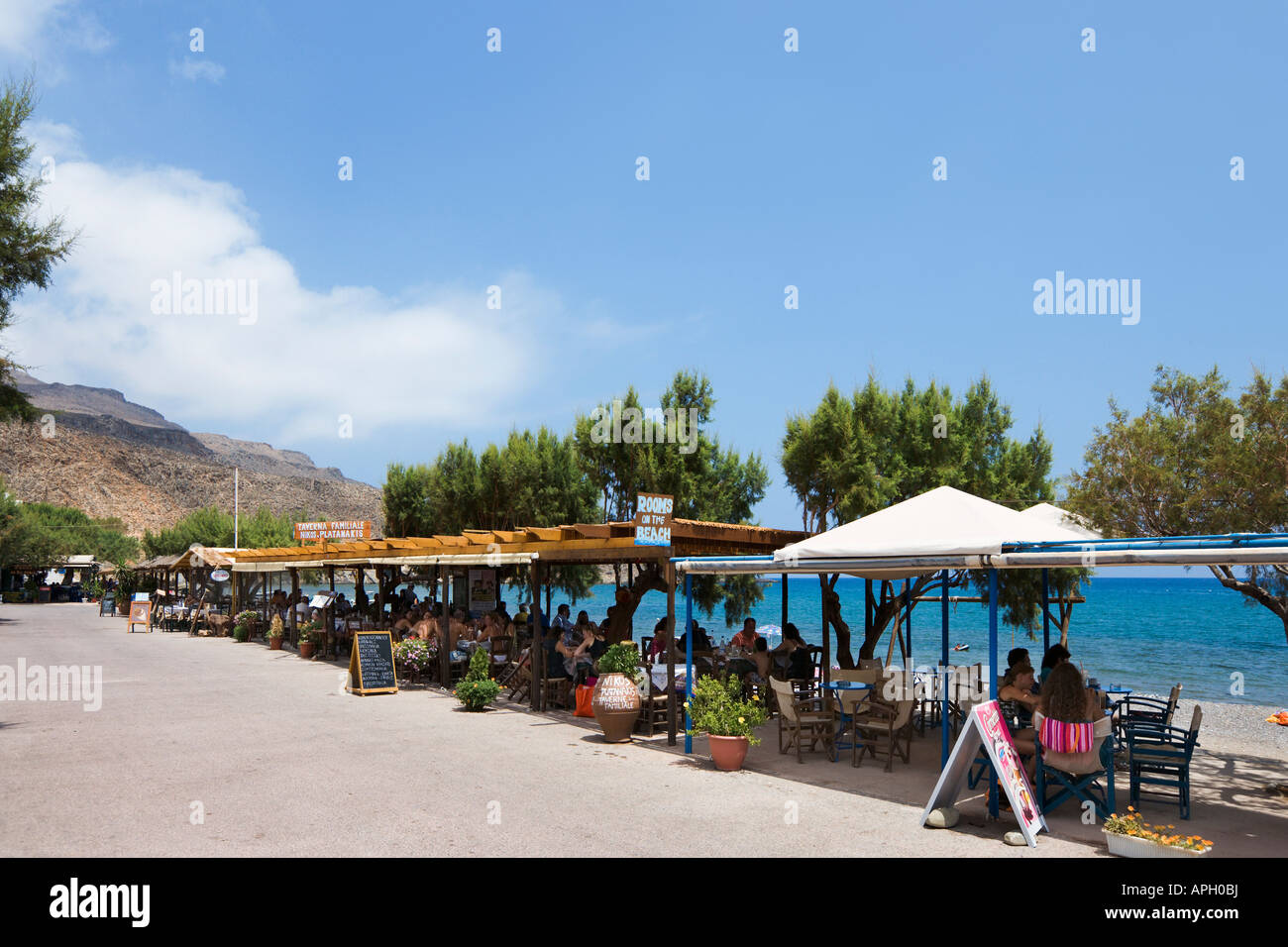 Traditional Beachfront Taverna, Kato Zakros, Lasithi Province, East Coast, Crete, Greece Stock Photo
