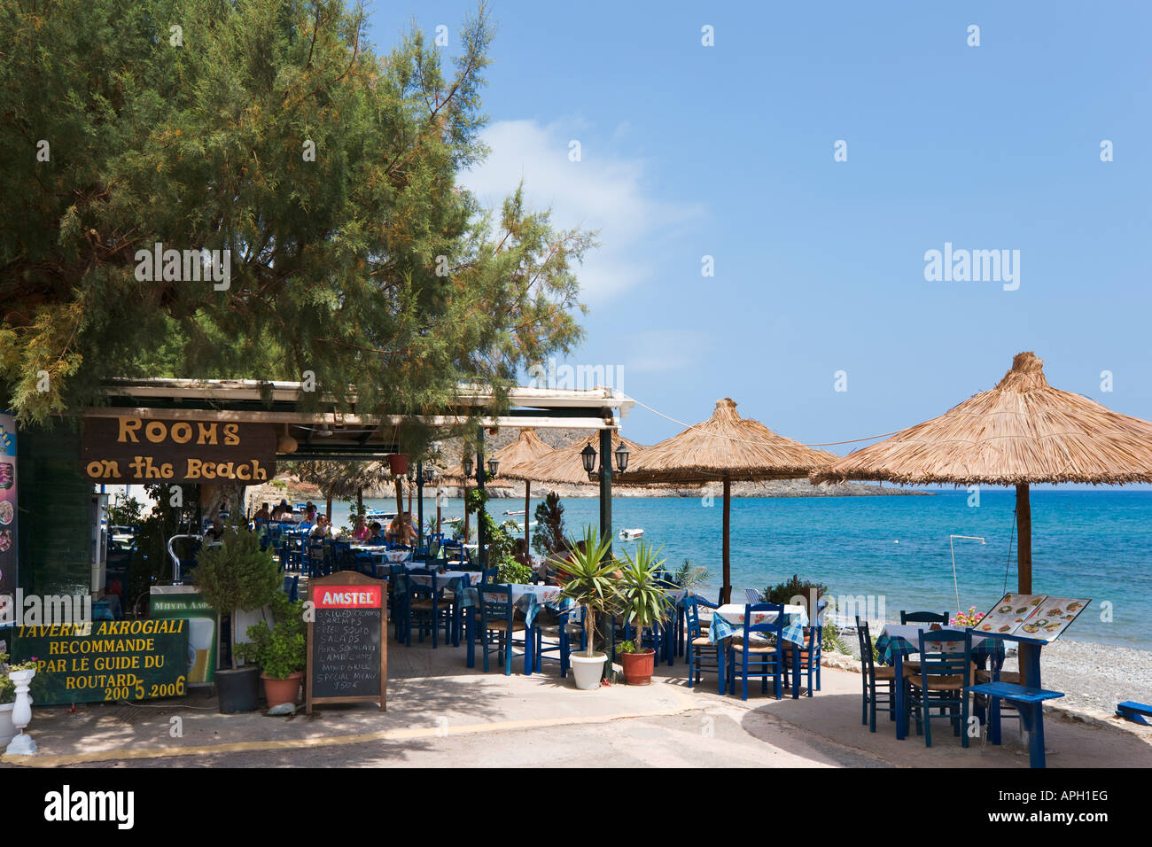 Traditional Beachfront Taverna and Rooms to Let, Kato Zakros, Lasithi Province, East Coast, Crete, Greece Stock Photo