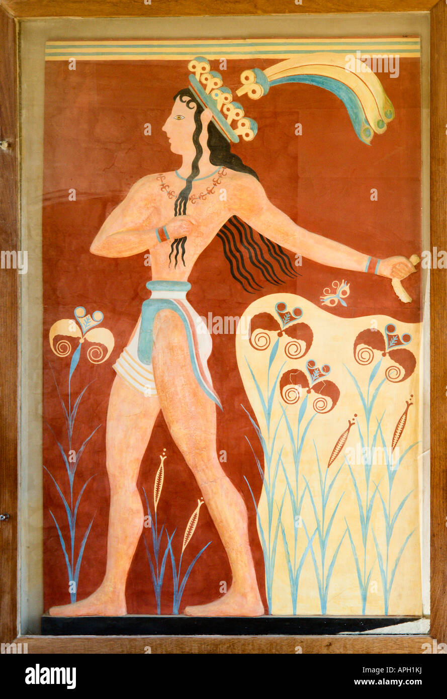 Fresco of the Prince of Lilies, South Entrance Corridor, Minoan Palace of Knossos, Heraklion, Crete, Greece Stock Photo