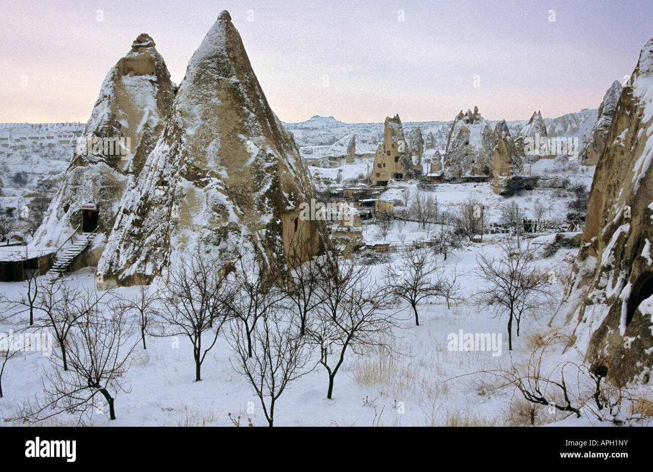 Goreme, Cappadocia, Turkey. The area is known for the fairy chimney rock formations. Stock Photo