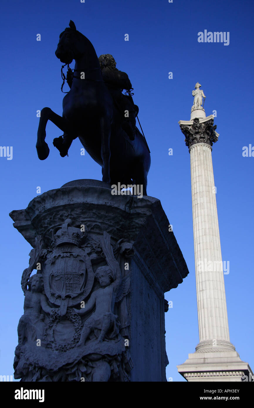 Equestrian statue of Charles I and Nelson's Column- Trafalgar Square Stock Photo