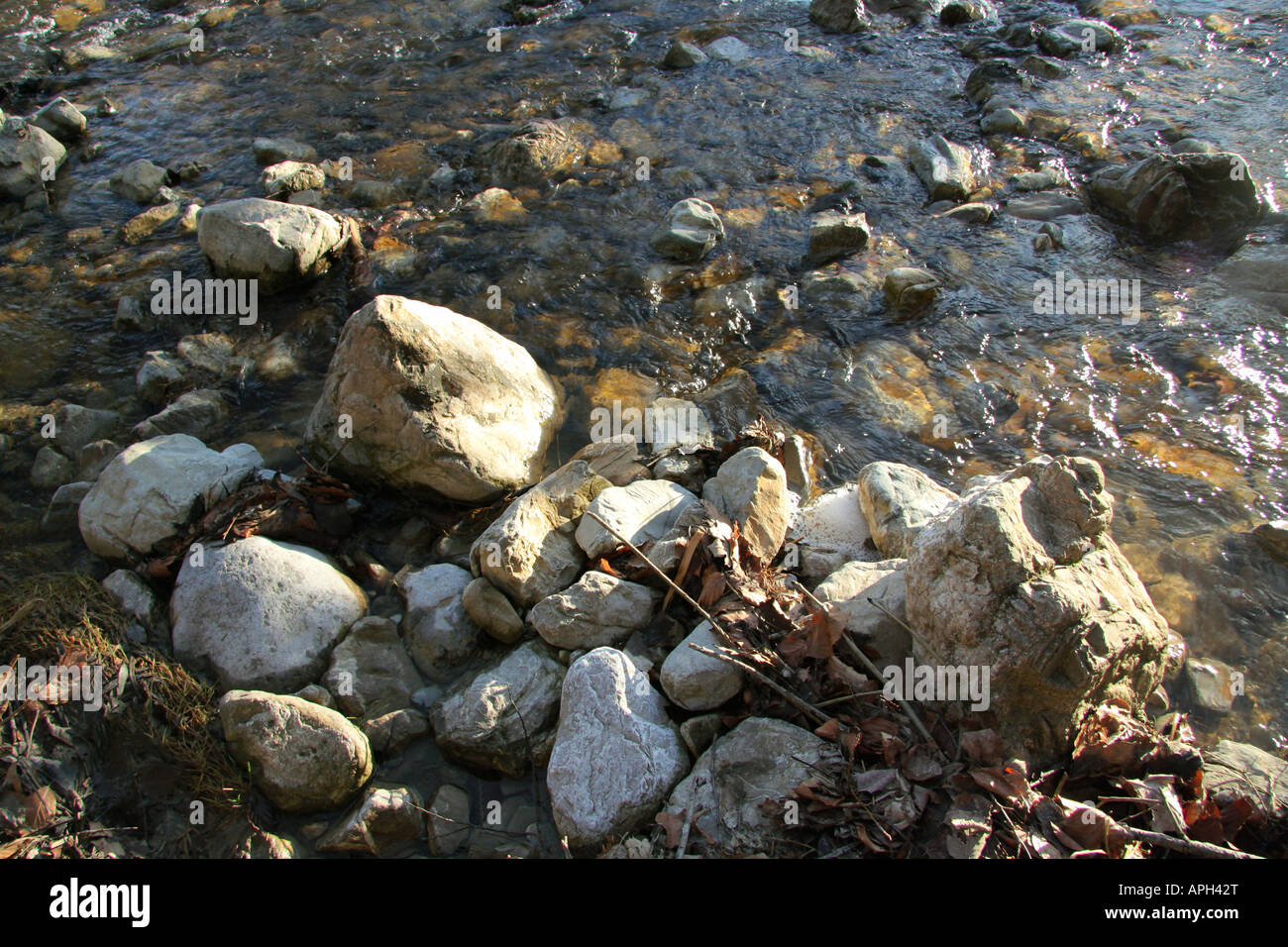 stepping stones across a riverbed Bavaria Germany Europe Stock Photo
