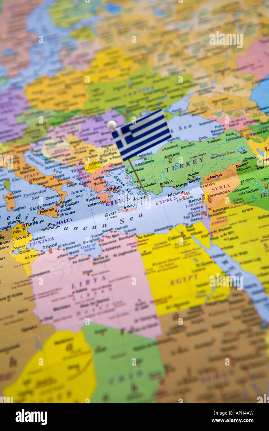 Flag Pin Placed on World Map in Rhodes Island Greece Stock Photo