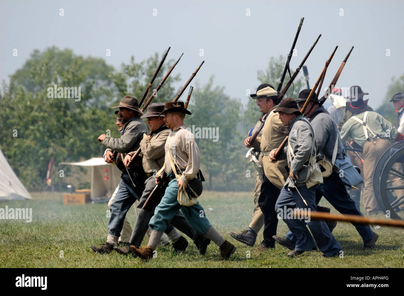 Confederate troops marching to battle at the reenactment of the American Civil War Battle of Richmond Kentucky Stock Photo