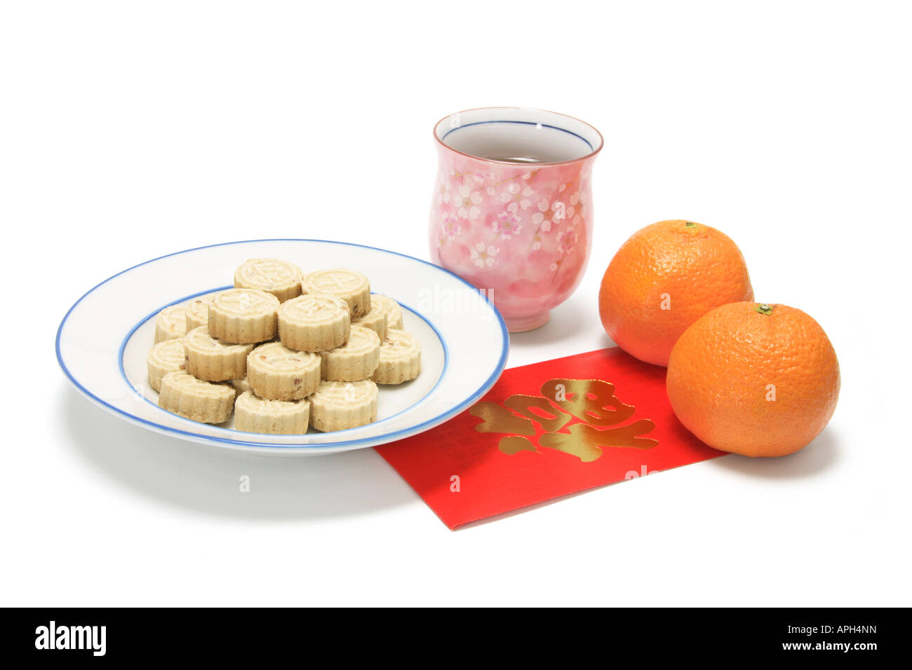 Chinese Tea with Mandarins and Cookies Stock Photo