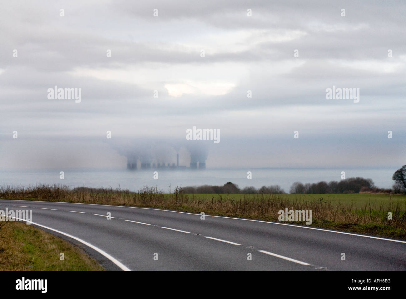 Drax Power coal fired station in the mist in East Yorkshire UK from a road Stock Photo