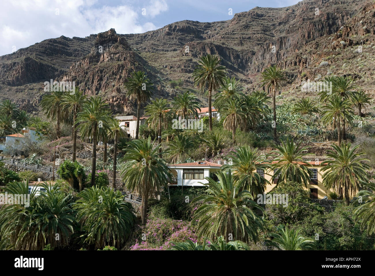 View of picturesque houses in the small village El Guro in the valley Valle Gran Rey Mostly german speaking artists live here Stock Photo