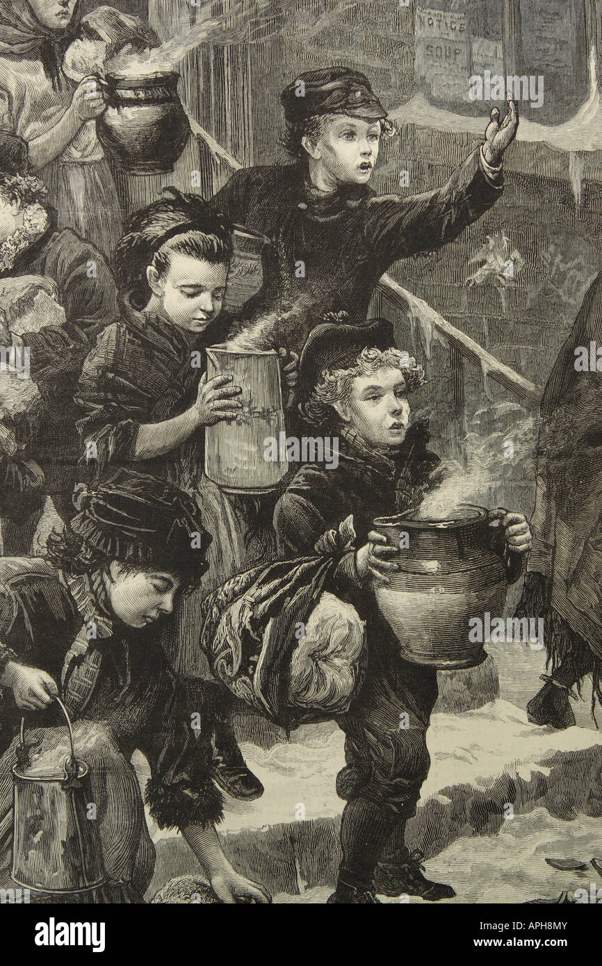 London Victorian soup kitchen young street children with a pot of soup