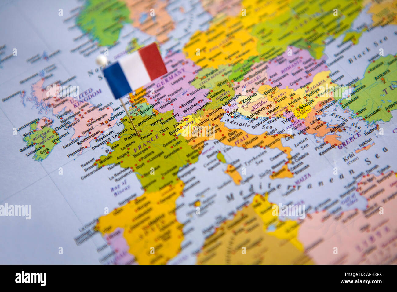 Flag Pin Placed on World Map in the Capital of France Paris Stock ...