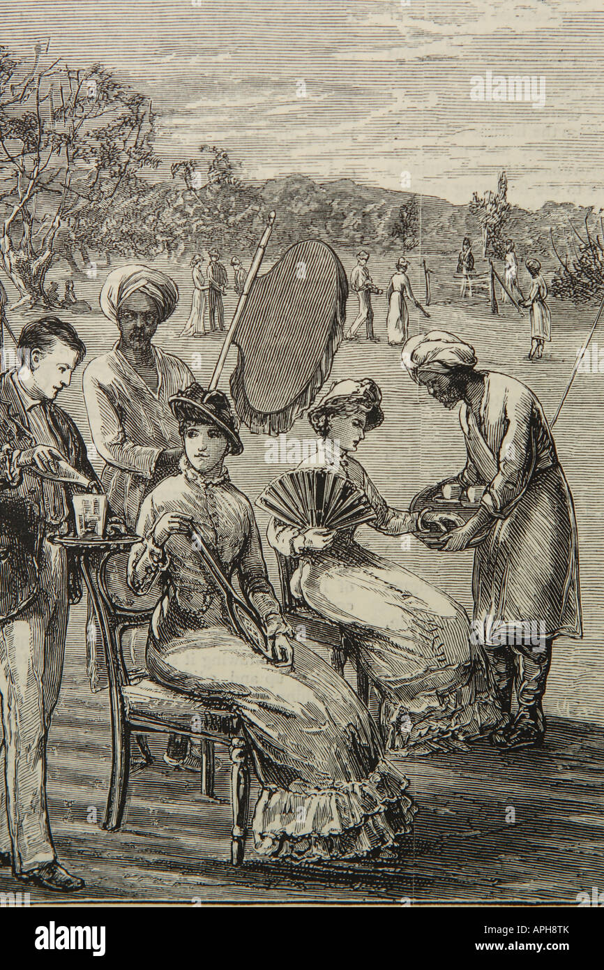 India ladies and gentlemen taking afternoon tea served by Indians from a drawing published in 1880 Stock Photo