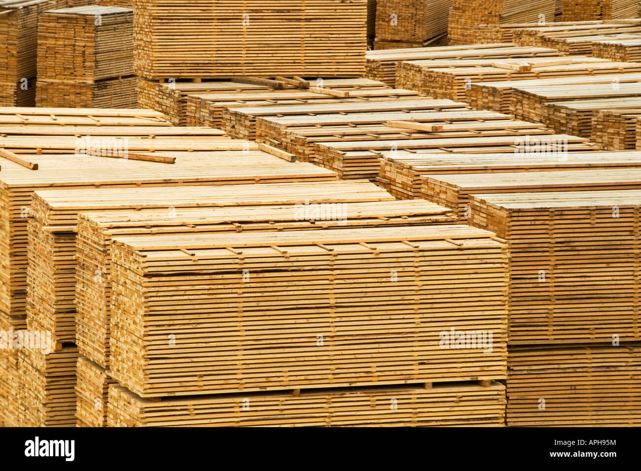 Stacks of lumber at Two-Mile Flat, Quesnel, British Columbia, Canada Stock Photo