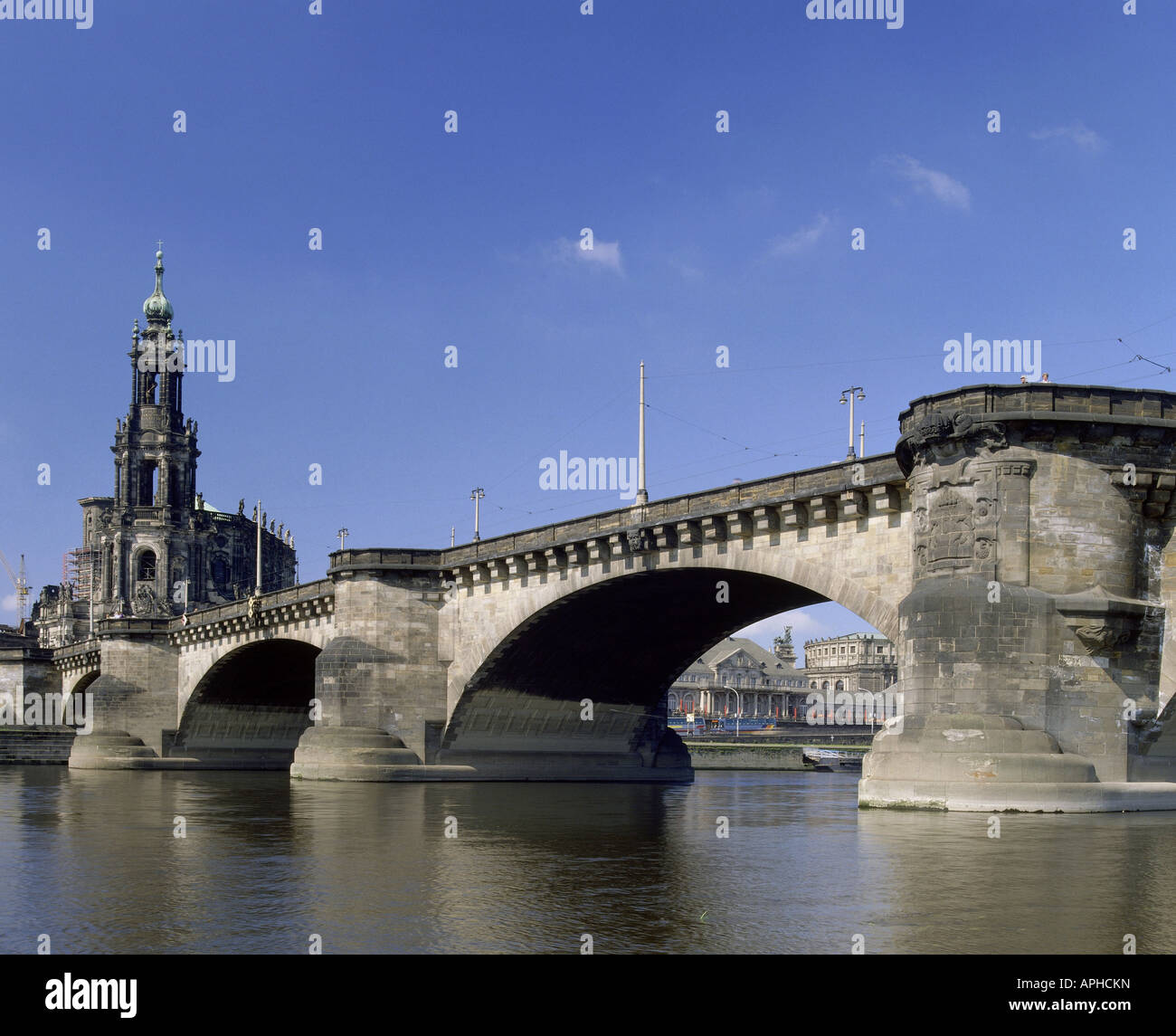 geography / travel, Germany, Saxony, Dresden, Augustusbruecke and court church, Europe, Elbe river, bridge, Stock Photo