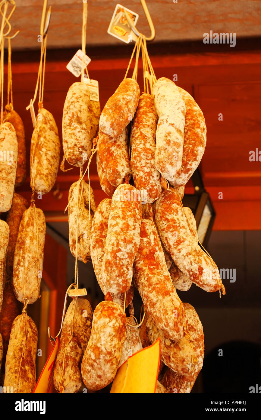 Italian dry sausages on display, Levico Terme, Trentino Alto Adige