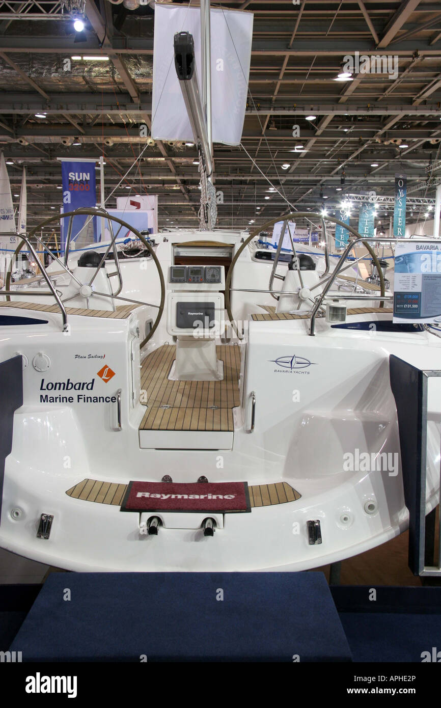 Bavaria 46 Cruiser taken from the back with a good view of the twin steering wheels. Stock Photo