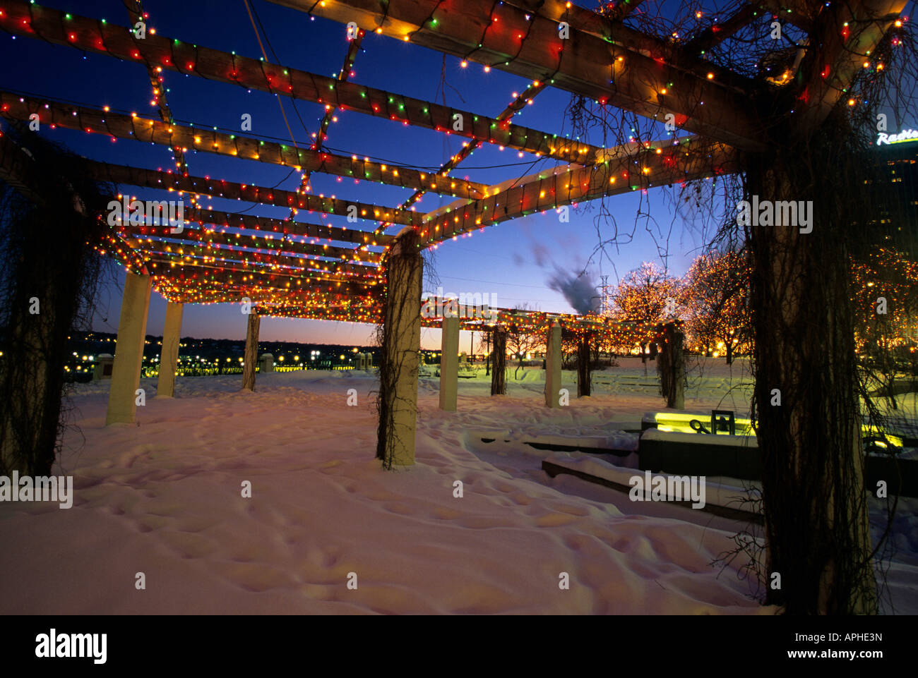 HOLIDAY LIGHTS ON PERGOLA IN MISSISSIPPI RIVERFRONT PARK, DOWNTOWN ST. PAUL, MINNESOTA. DECEMBER