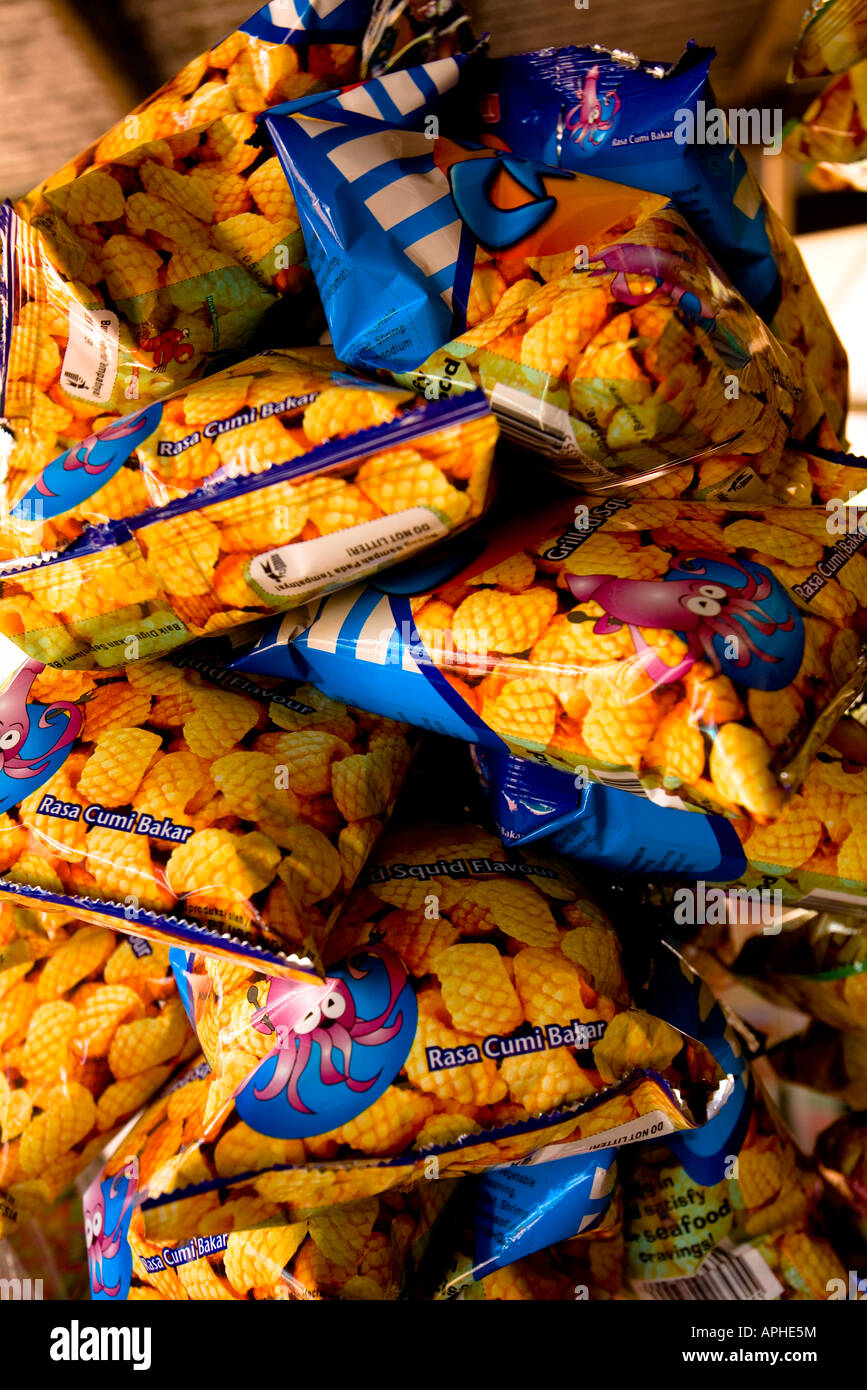 Indonesia, Bangka-Belitung Province, Belitung Island. Snack food, plastic packaging. Stock Photo