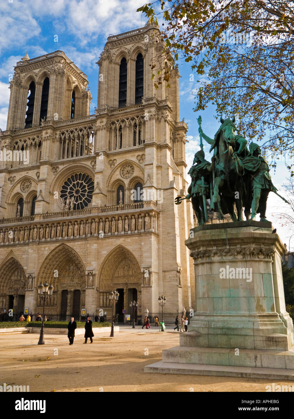 Charlemagne statue and Notre Dame Cathedral, Ile de la Cite, Paris, France Stock Photo
