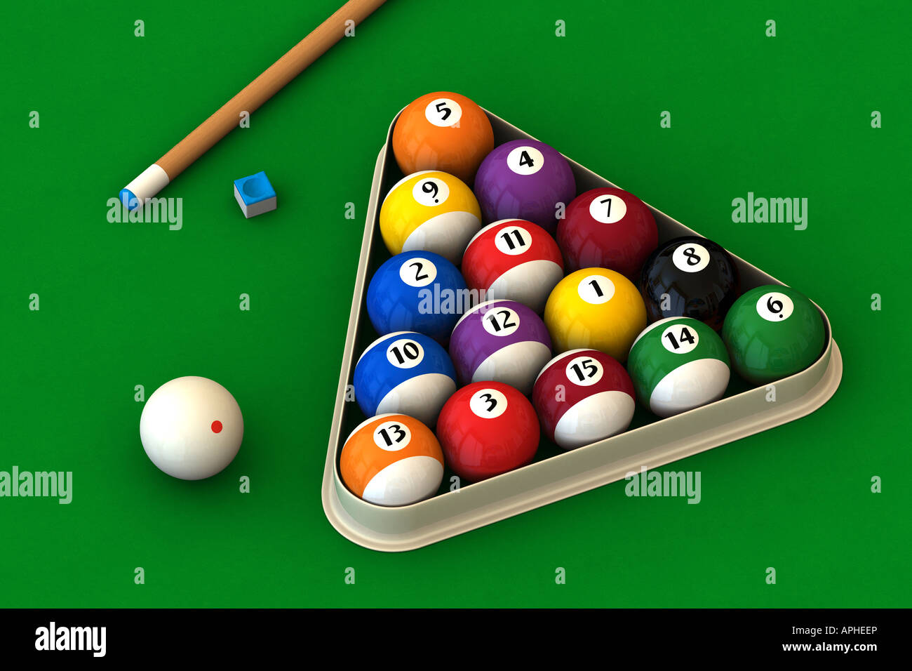 Racked pool balls a cue stick and a pool chalk block on a green table