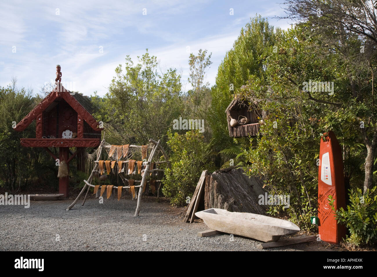 Pikirangi reconstructed Maori village at Te Puia Arts and Crafts Institute in Rotorua New Zealand Stock Photo