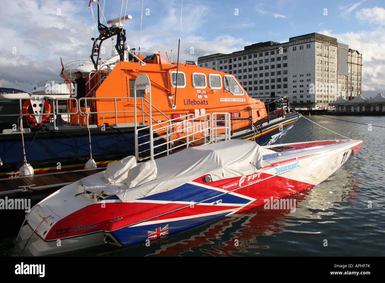 RNLI Lifeboat Tamar class outside in the Royal Victoria dock at the Collins Stewart London Boat Show Excel  London Stock Photo