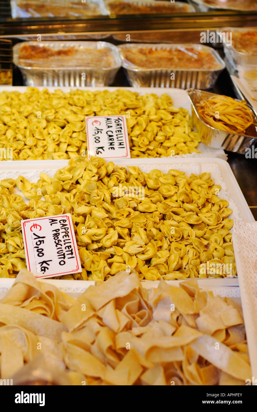 Hand-made tortellini and cappelletti pasta on display in the local store, Tuscany, Italy Stock Photo