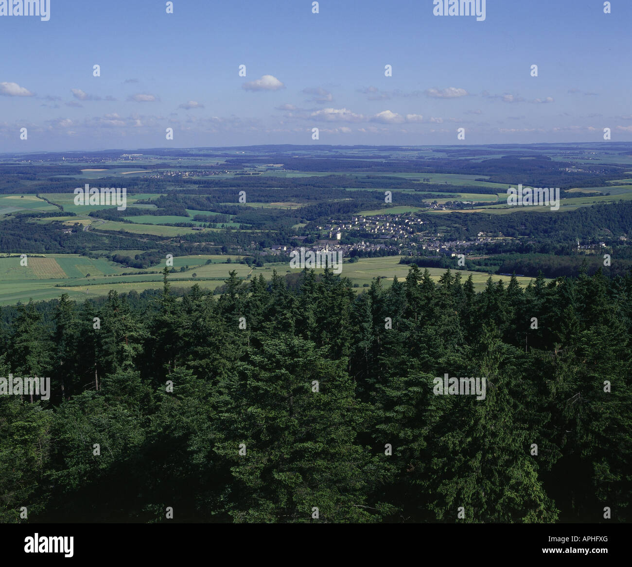 geography / travel, Germany, Rhineland Palatinate, Simmern, view from Koppenstein to Gemuenden Hunsrueck, Europe, landscape, for Stock Photo