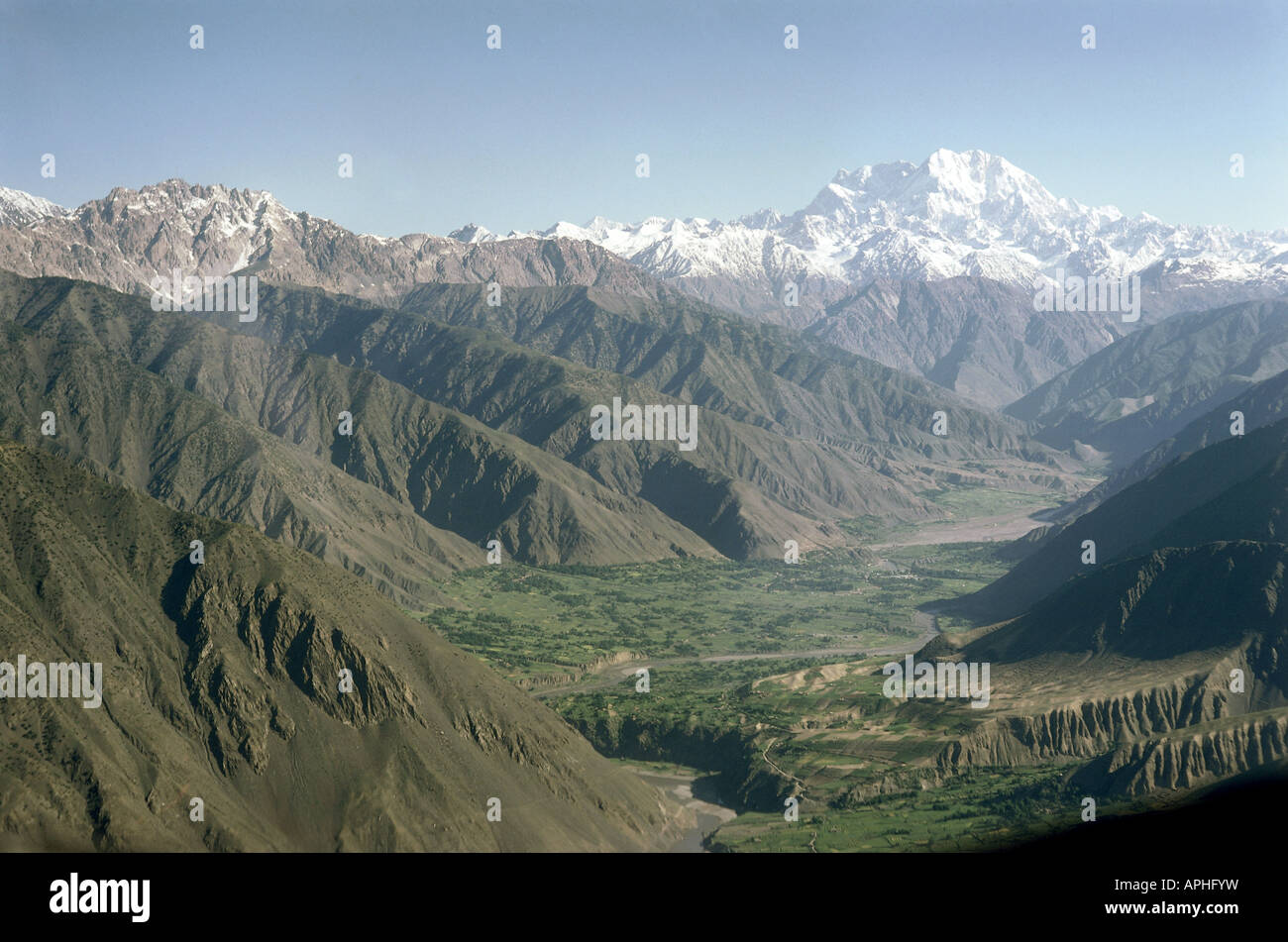 geography / travel, Pakistan, Indus valley, mountain Tirich Mir (7690 m), aerial view, Asia, mountains, river, landscape, Stock Photo