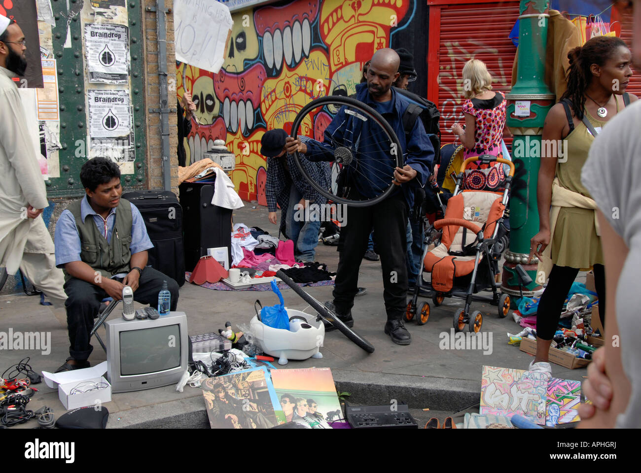 Brick Lane flea market on Sunday in east end. Stock Photo