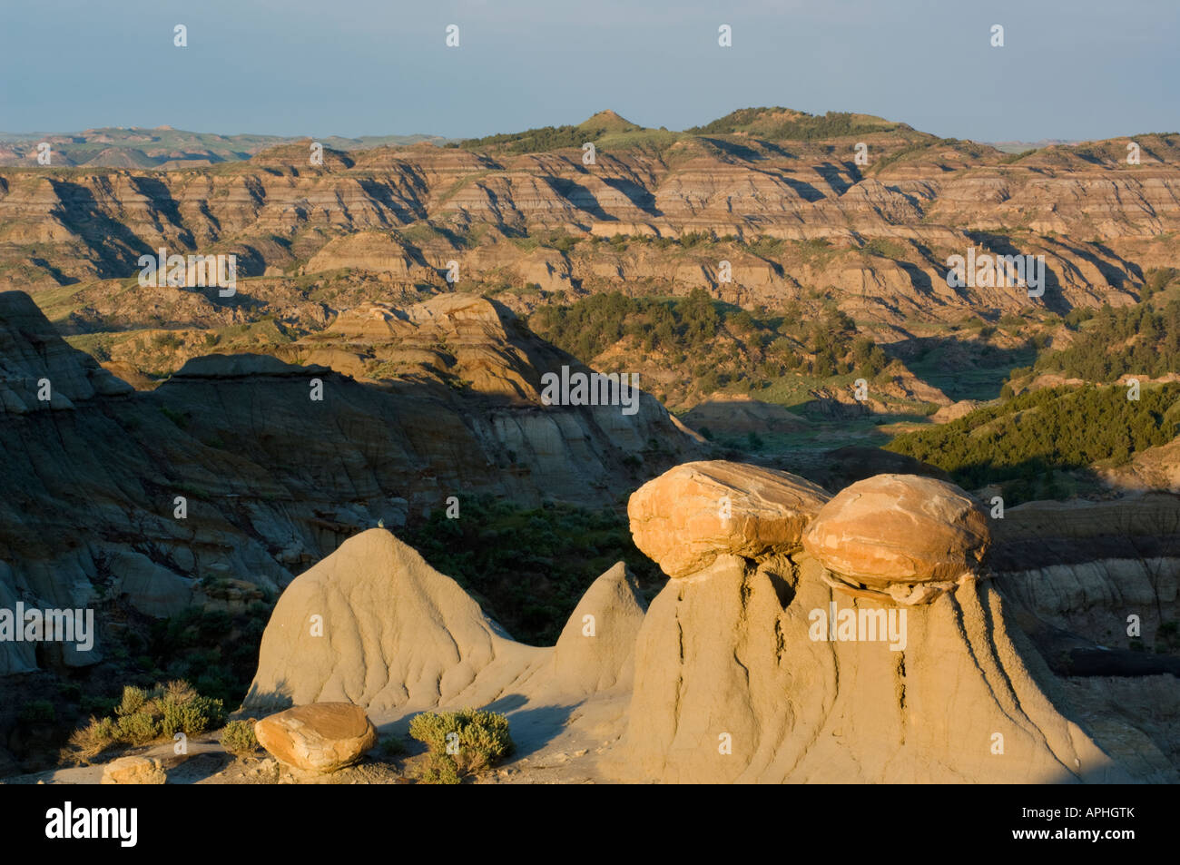 Cap rocks at sunset Makoshika State Park Montana Stock Photo Alamy