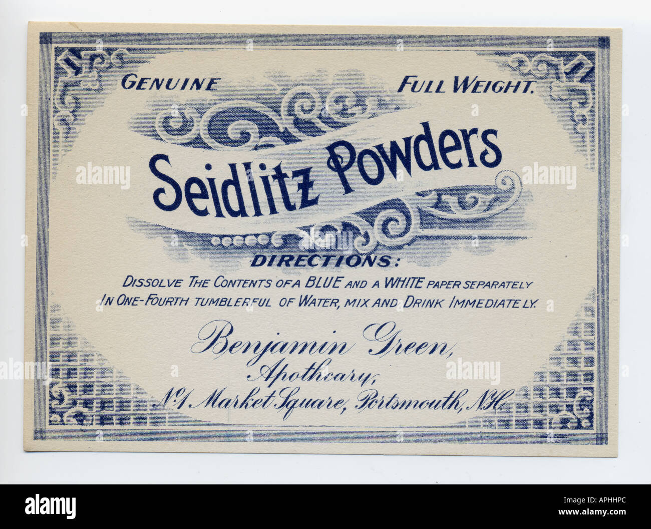 Circa 1900 medicinal label for Seidlitz Powders, Benjamin Green Apothecary, Portsmouth, New Hampshire, USA. Stock Photo