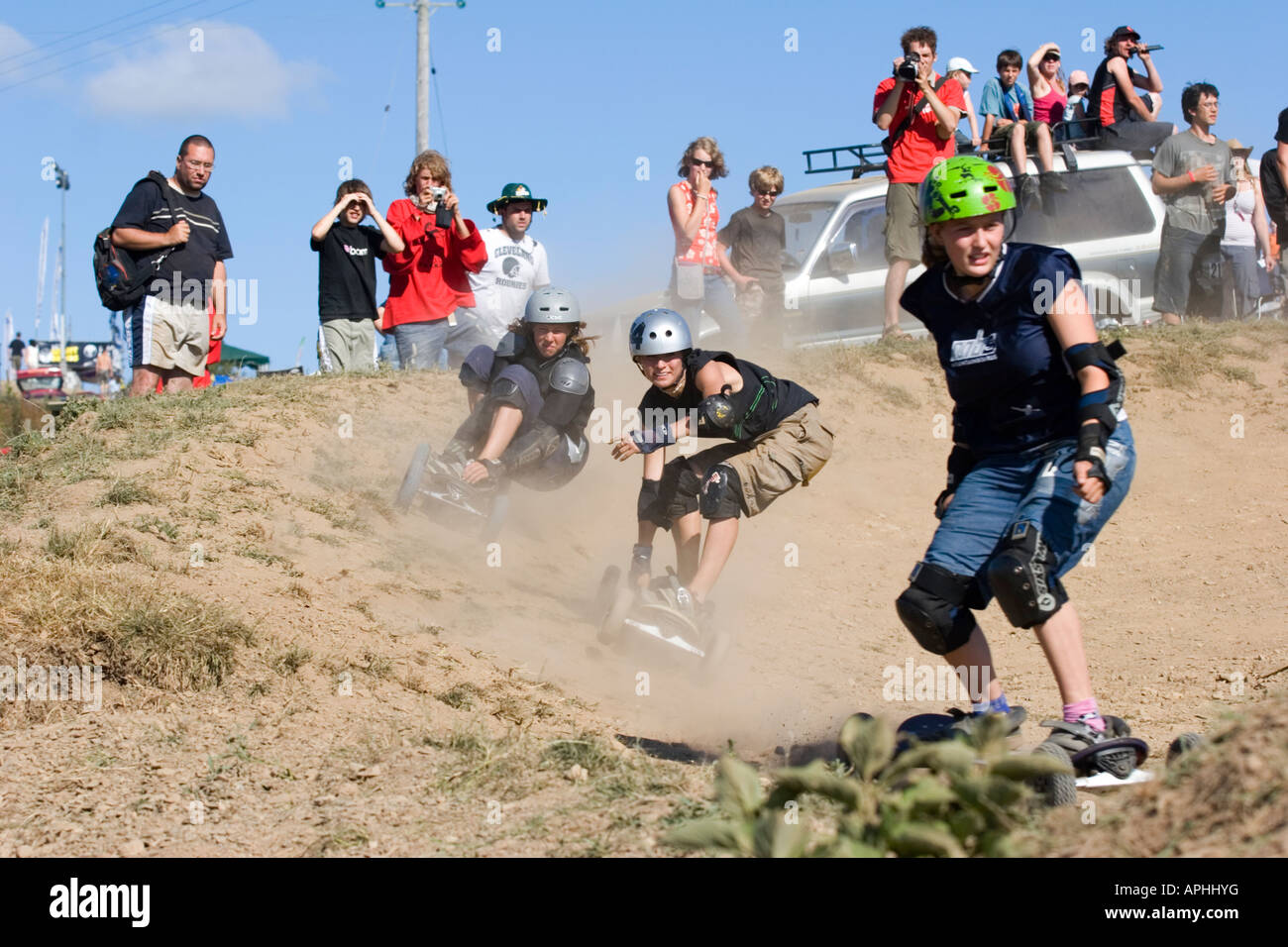 Female competitors at the Mountainboarding World Championships. Stock Photo