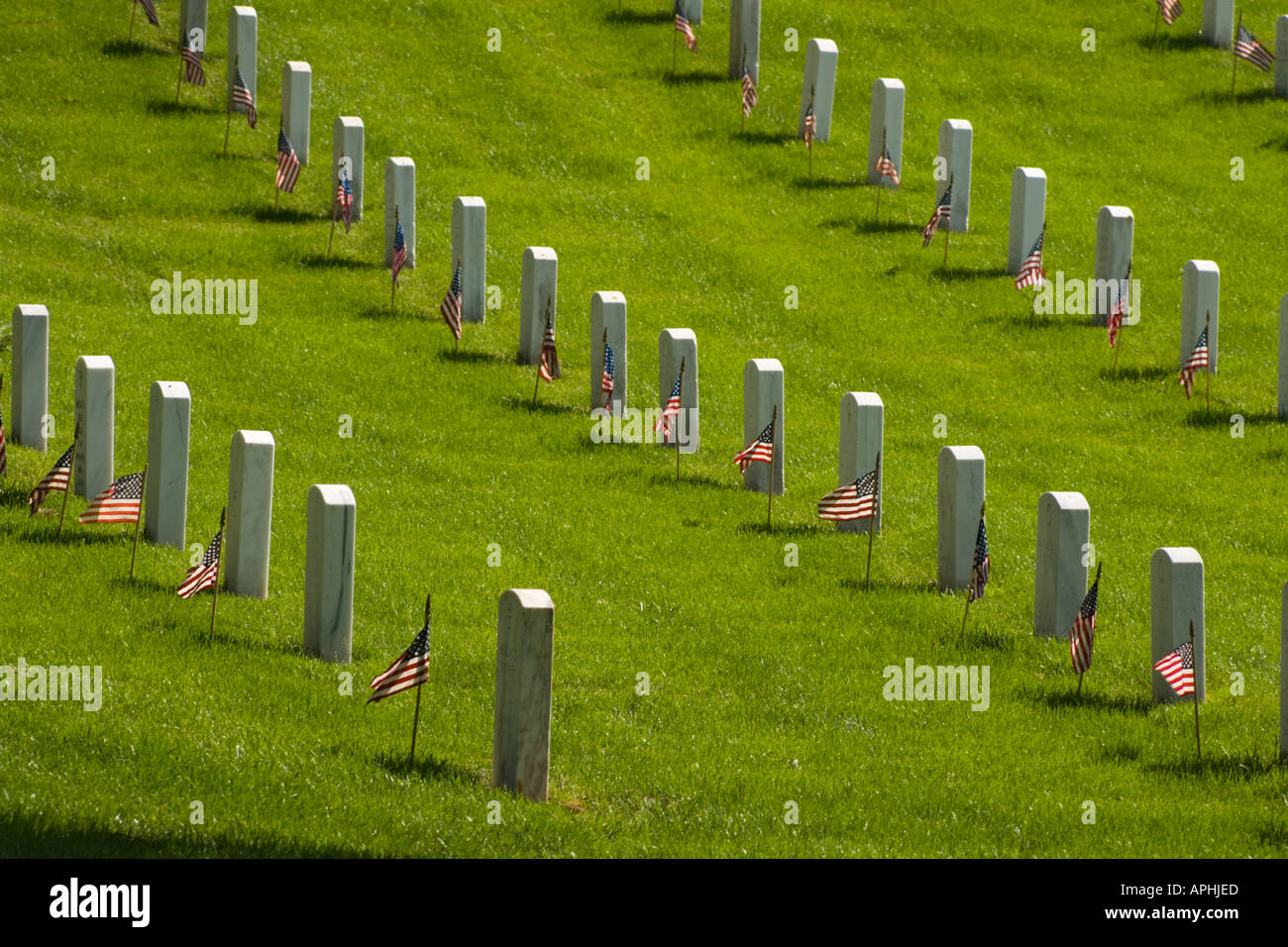 Rows of headstones with small flags on Memorial Day at Arlington National Cemetery. Stock Photo
