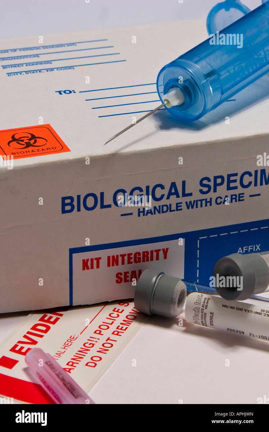 Biohazard Labeled Biological Specimen Cardboard Box for Blood Draw and Withdrawal for Medical Specimen Testing and Containing a Kit Integrity Seal Stock Photo