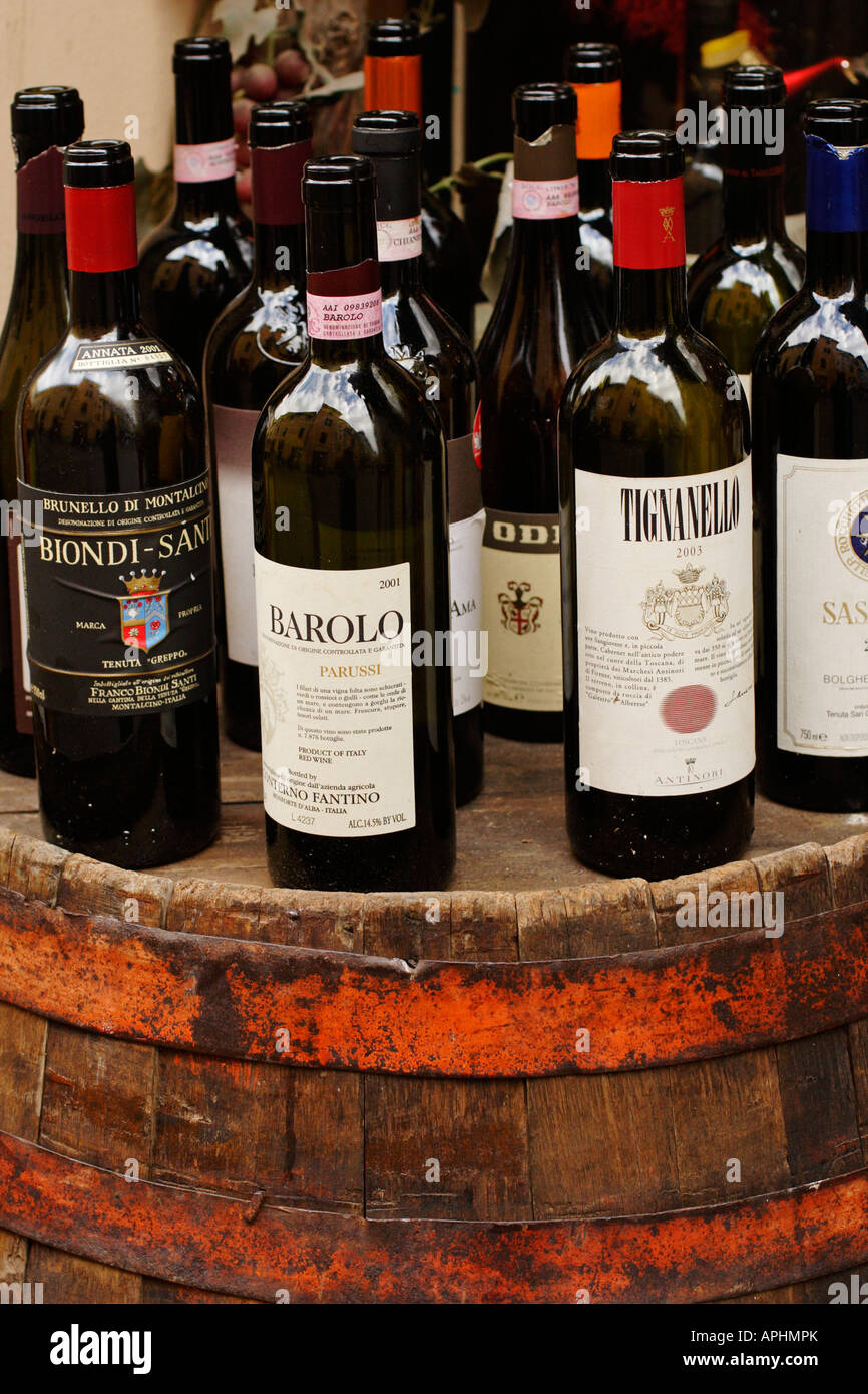 Wine bottles, Lucca, Tuscany, Italy Stock Photo