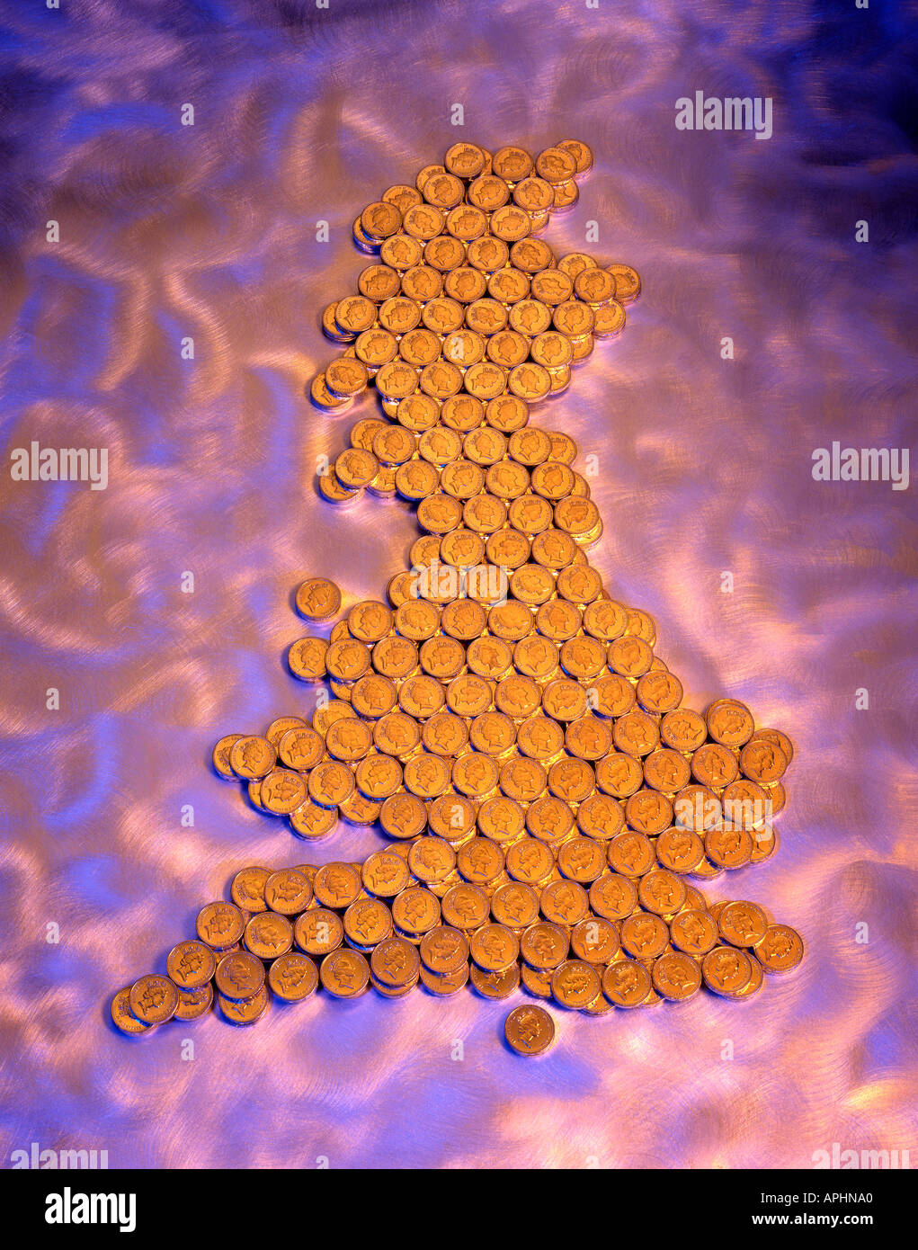 Map of United Kingdom made up with one pound coins. Stock Photo