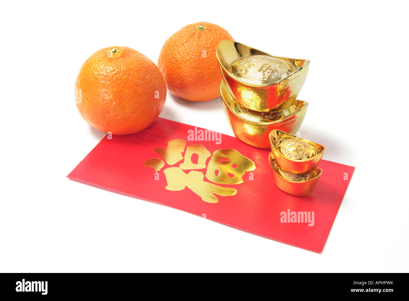 Mandarins with Gold Ingots and Red Packet Stock Photo Alamy